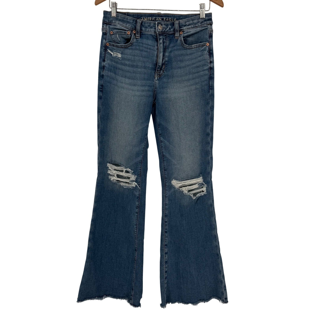 American Eagle Flared Distressed Jeans Blue Denim Next Level Stretch Size 4
