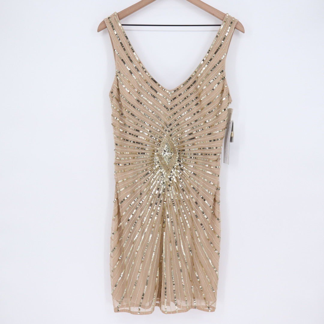 Aidan Mattox Beaded Sequin V Neck Cocktail Dress Champagne Gold Size 12