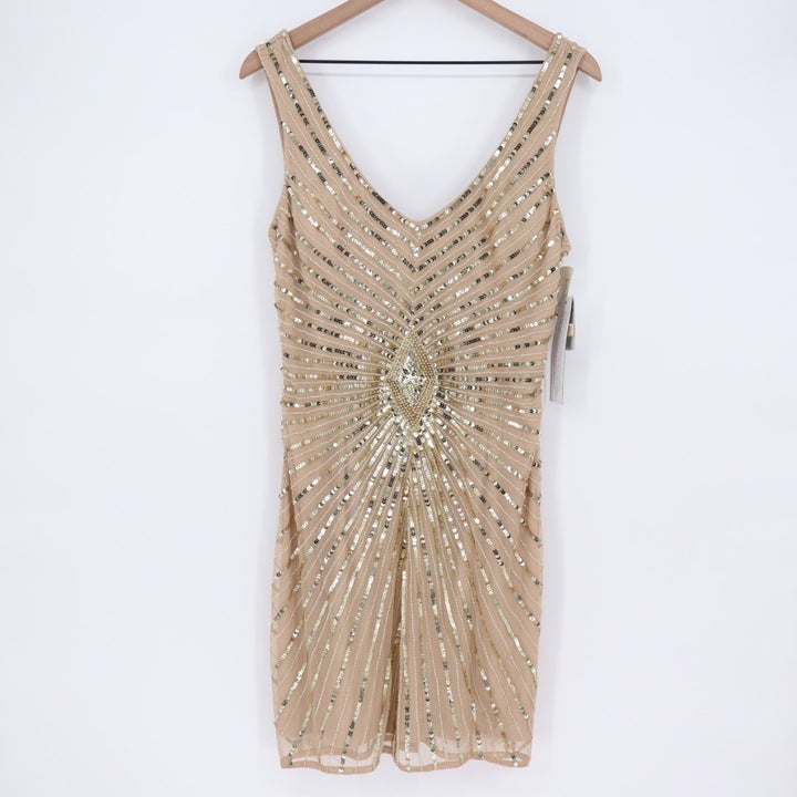 Aidan Mattox Beaded Sequin V Neck Cocktail Dress Champagne Gold Size 12