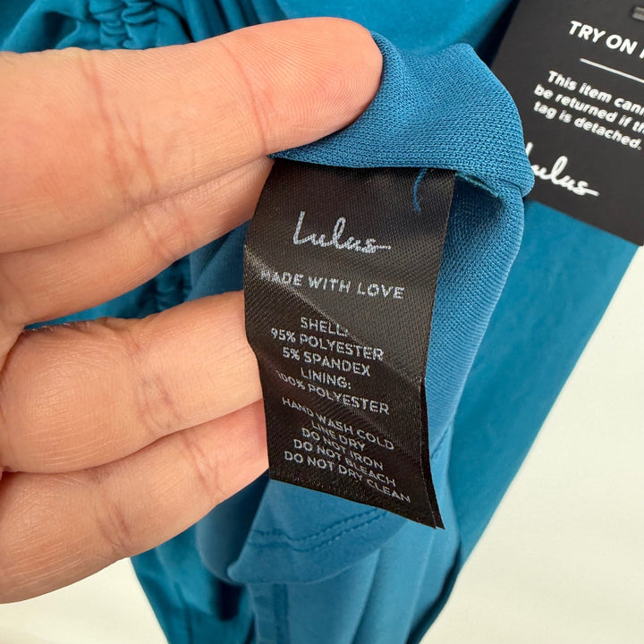 Lulus Eliska Teal Blue Slinky Drawstring Ruched Strapless Midi Dress Size S