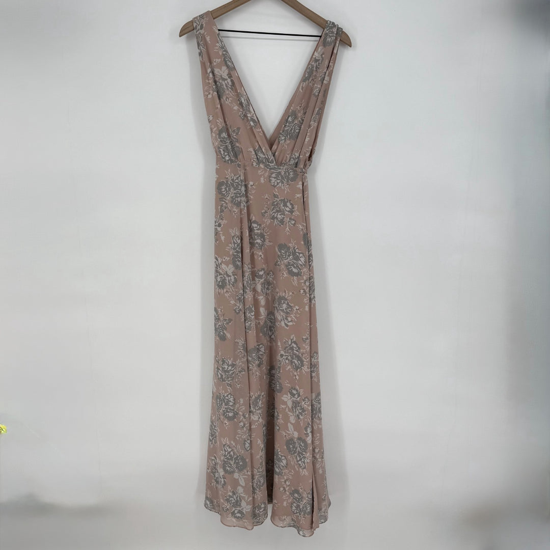Lovers + Friends Wrap Maxi Dress Womens 4 Beige Floral Plunge Double V Neck