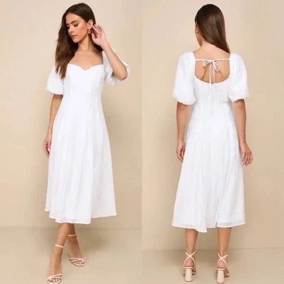 Lulus Stylish Merriment White Puff Sleeve Embroidered Midi Dress Size M