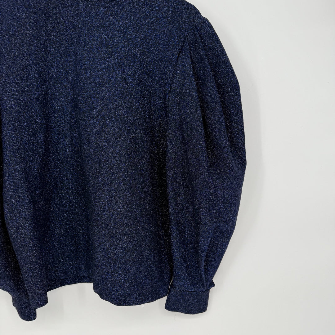 PatBo Sweater Womens Medium Blue Glitter Stretch Mock Neck Puff Sleeve Back Zip
