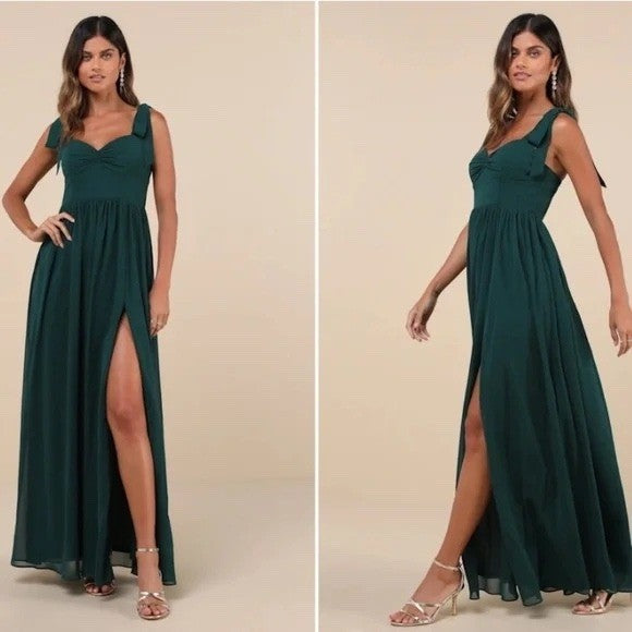 Lulus Radiant Charisma Emerald Chiffon Ruched Tie-Strap Maxi Dress Size M