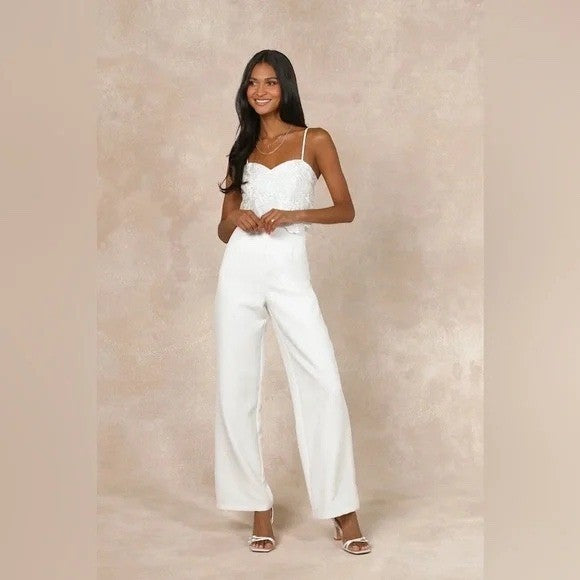 Lulus Exquisite Posture White Floral Embroidered Tiered Jumpsuit Size S