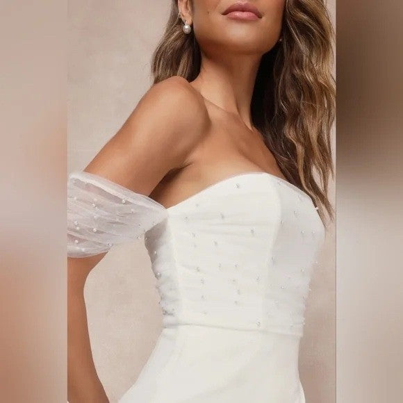 Lulus Profound Glamour Ivory Pearl Off-The-Shoulder Tulip Maxi Dress Size S