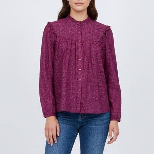 Xirena Pink Blue Geometric Ruffle Collar Button Up Shirt Top Size L