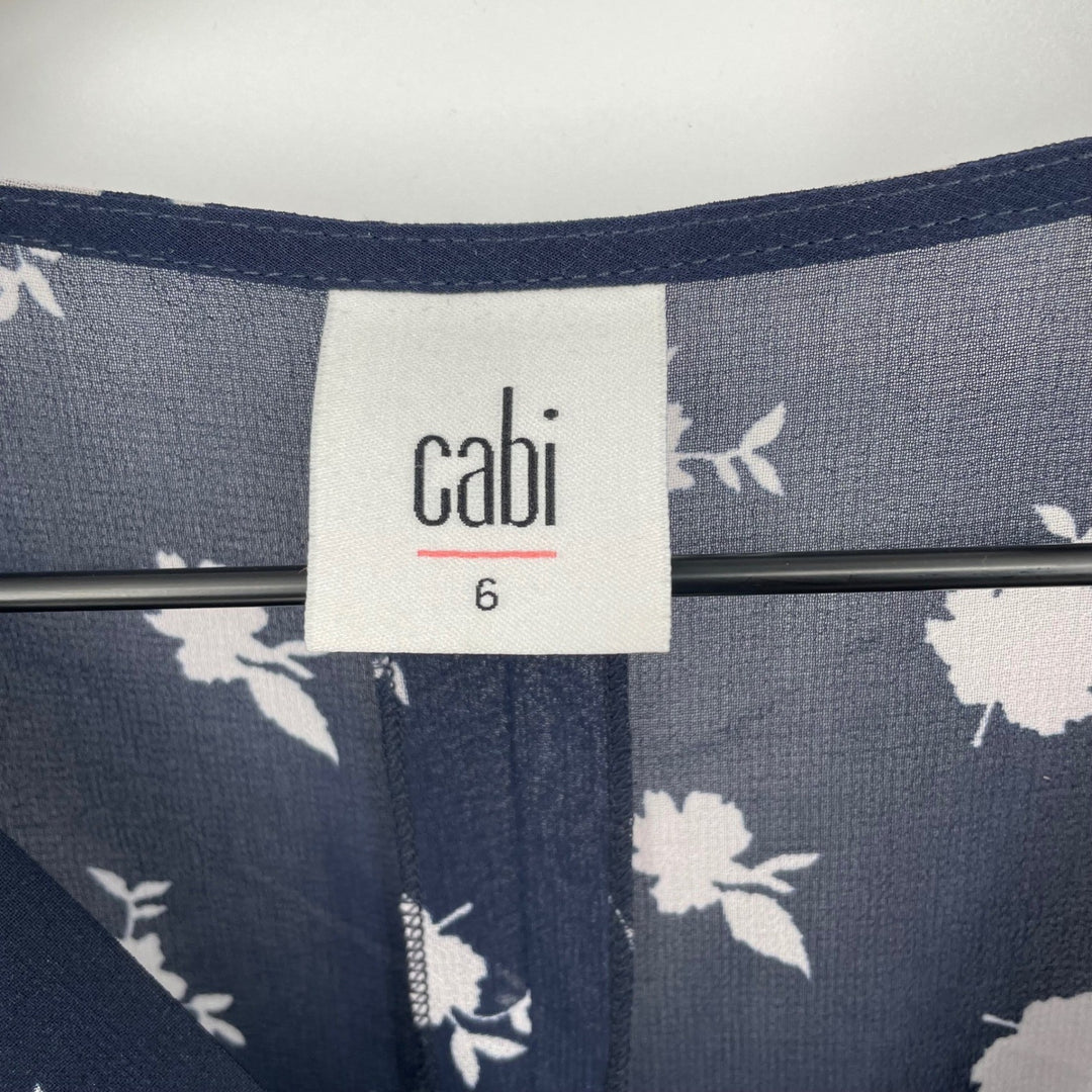Cabi Navy Floral Print Midi Dress Size 6 V Neck Sheer Sleeve