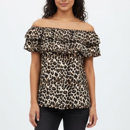 Womens Hibluco Leopard Print Off Shoulder Ruffle Top Shirt Size L