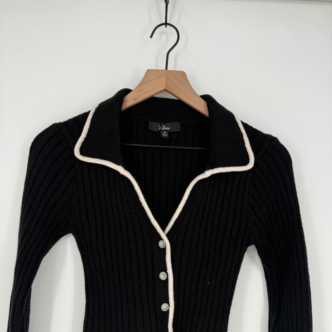 Lulus Black Ribbed Collared Button Up Cardigan Sweater Cream Trim Size M