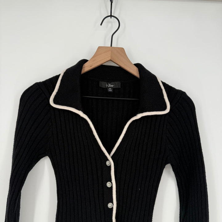 Lulus Black Ribbed Collared Button Up Cardigan Sweater Cream Trim Size M