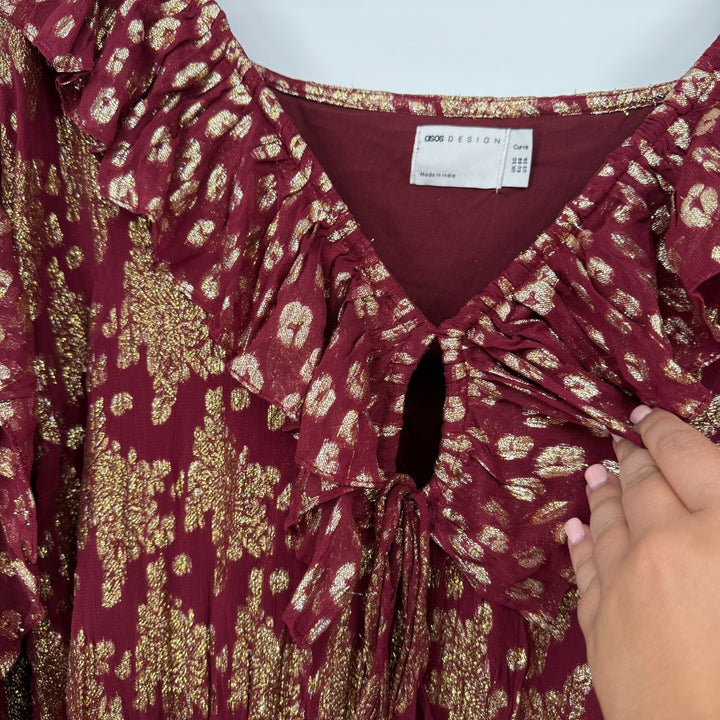 Asos Curve Maxi Dress Womens 26 Multicolor Metallic Gathered Waist Front Slit