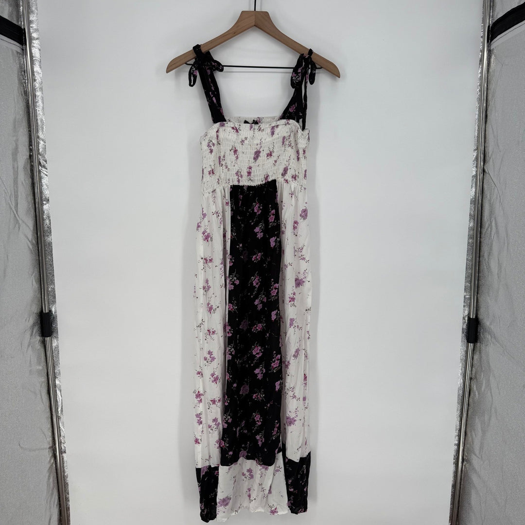 Aqua Maxi Dress Floral Print White Black Purple Smocked Bodice Tie Straps Size S
