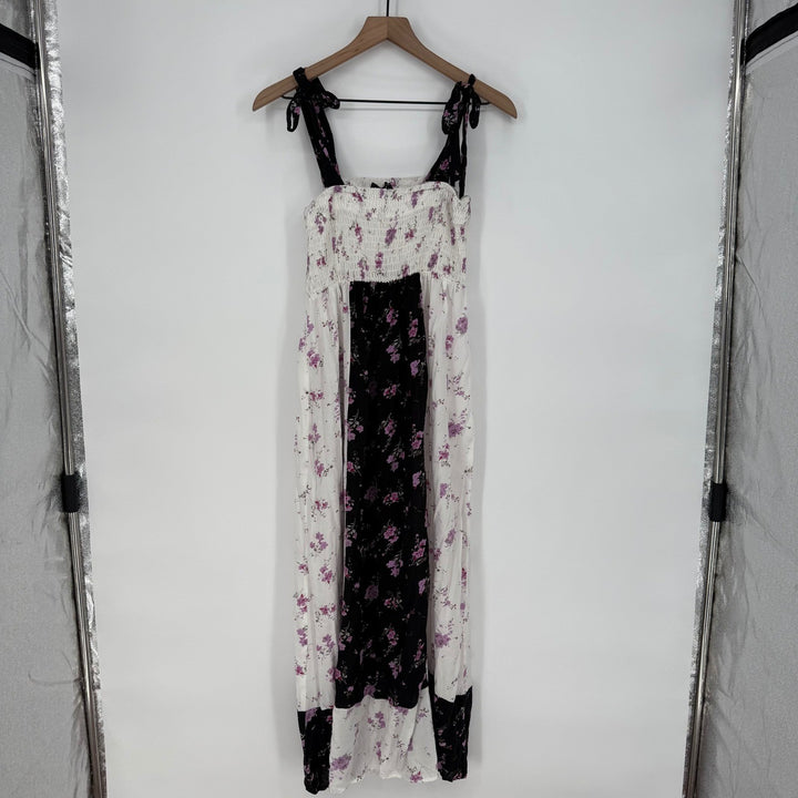 Aqua Maxi Dress Floral Print White Black Purple Smocked Bodice Tie Straps Size S