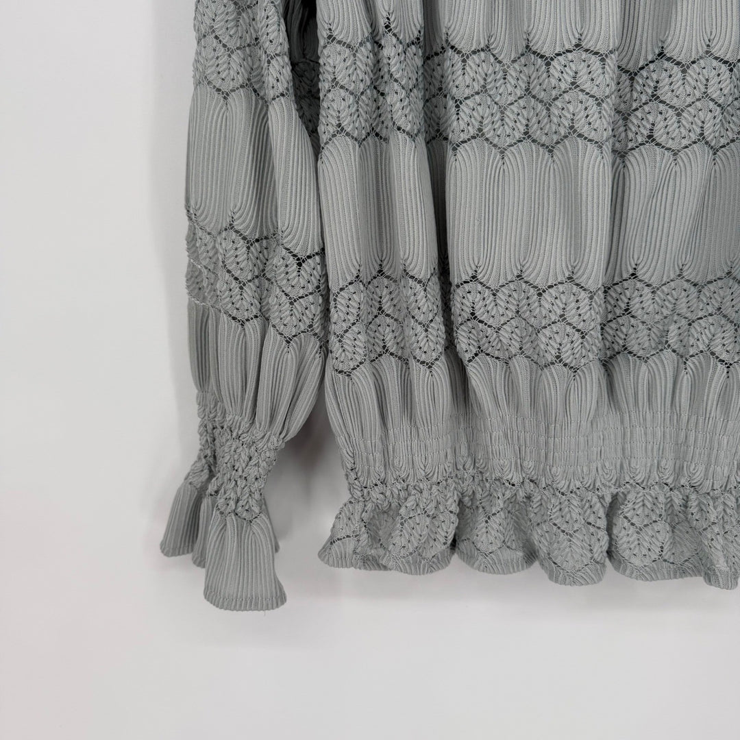 Womens Off Shoulder Smocked Lace Trimmed Blouse Long Sleeve Light Blue Size L