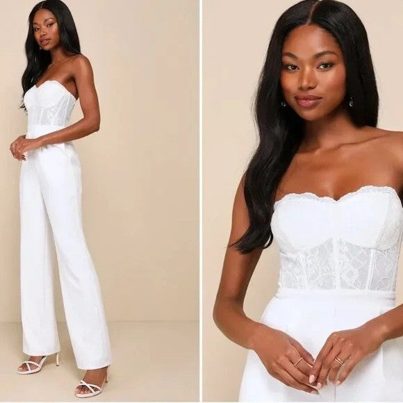 Lulus Positively White Lace Strapless Bustier Jumpsuit Size M