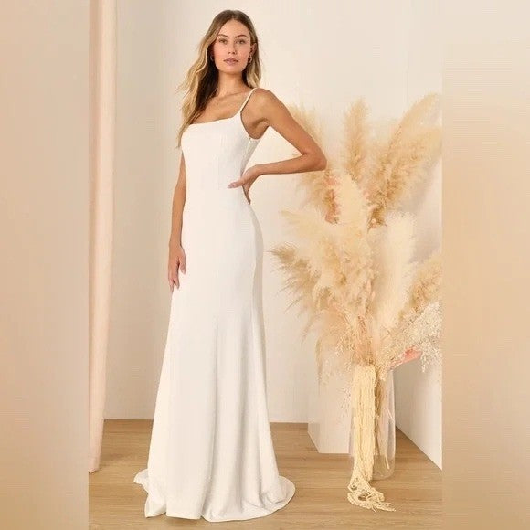 Lulus Blessed Romance White Sleeveless Button Back Mermaid Maxi Dress Size M