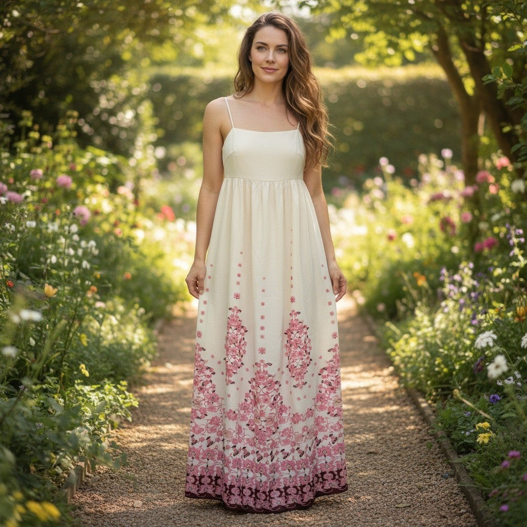 Commense Womens Maxi Dress Floral Sleeveless Casual Summer Cream Pink Size M