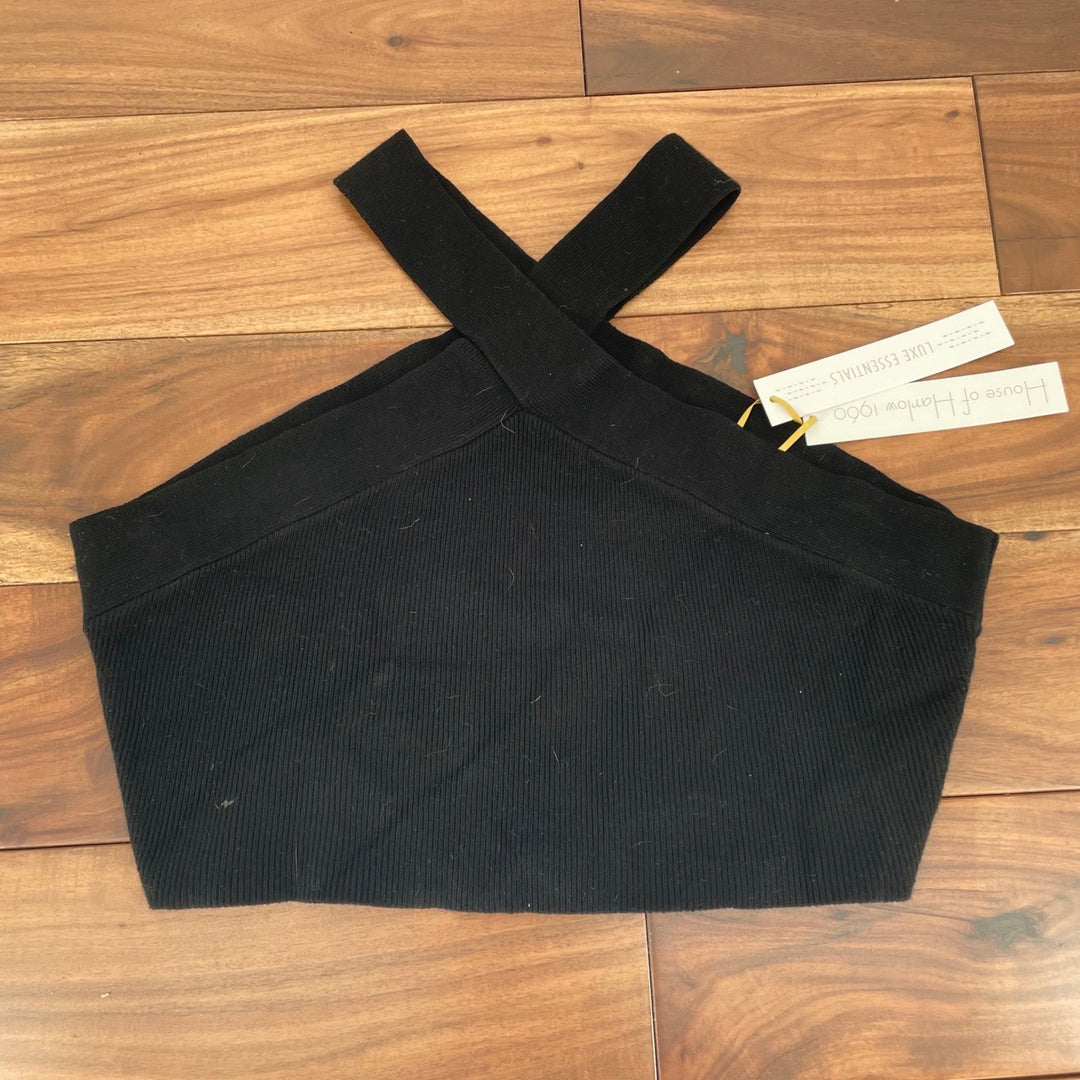 House of Harlow 1960 Black Ribbed Cross Front High Waist Bikini Bottoms L