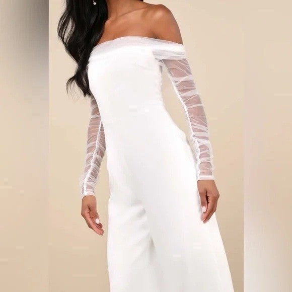 Lulus Eternal Bliss White Tulle Off-The-Shoulder Wide-Leg Jumpsuit Size L