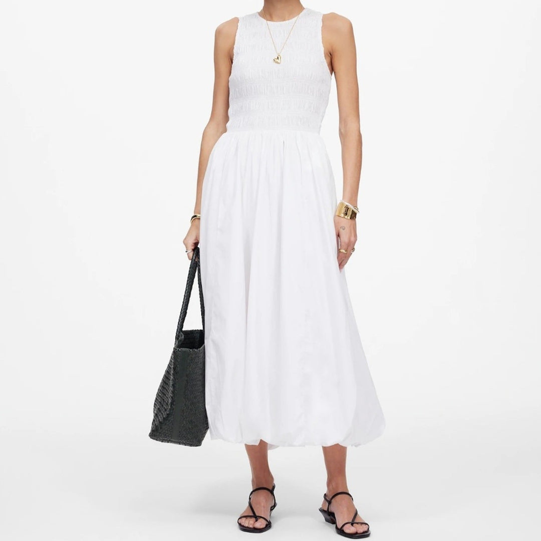Madewell The Melody Bubble-Hem Smocked Midi Dress In Poplin Size S