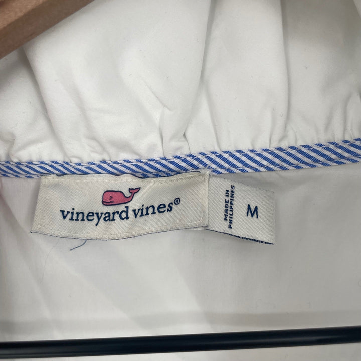 Vineyard Vines White Ruffled Collar V Neck Long Sleeve Cotton Blend Shirt Medium