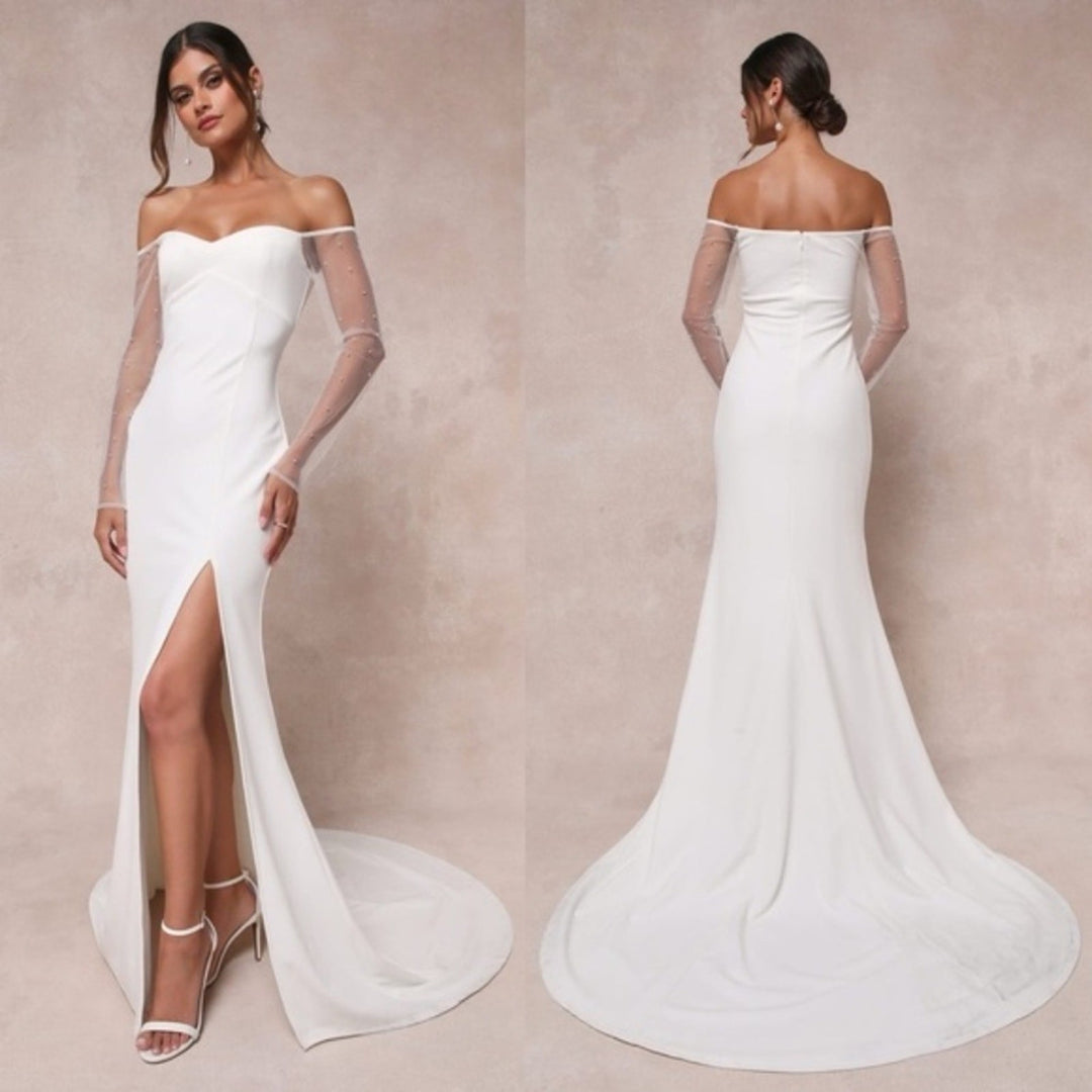 Lulus Eternally Beloved White Mesh Off-The-Shoulder Pearl Maxi Dress Size XL