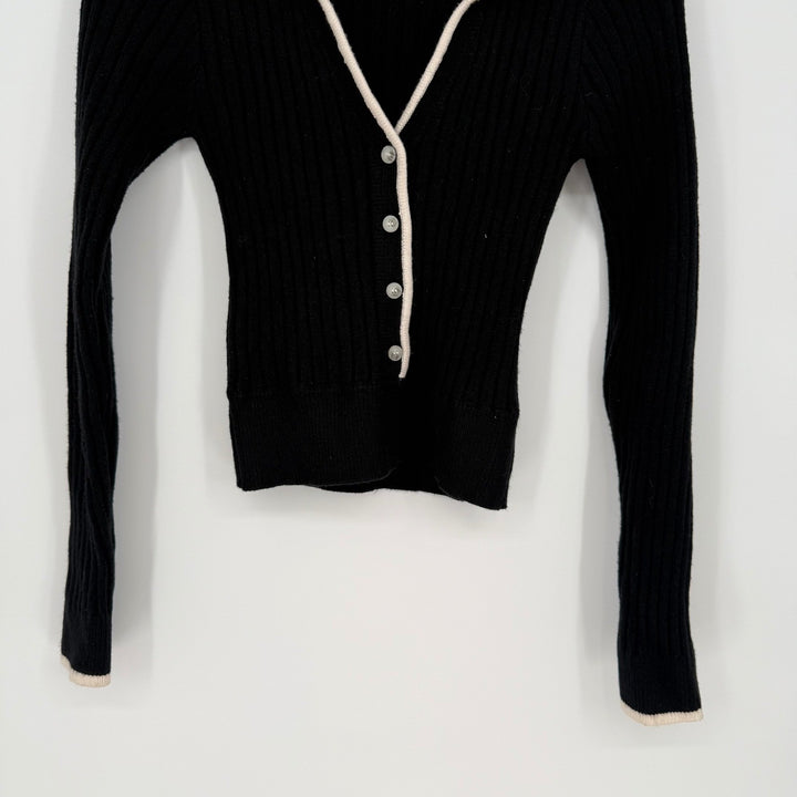 Lulus Black Ribbed Collared Button Up Cardigan Sweater Cream Trim Size M