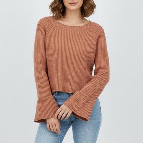 TULAROSA Cropped Ribbed Bell Sleeve Sweater Rust Orange Size S