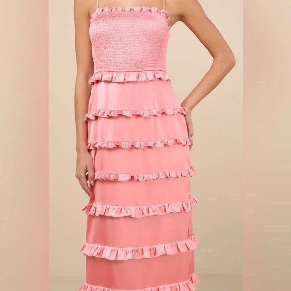 Lulus Sincerely Fabulous Peach Pink Satin Smocked Ruffled Maxi Dress Size M