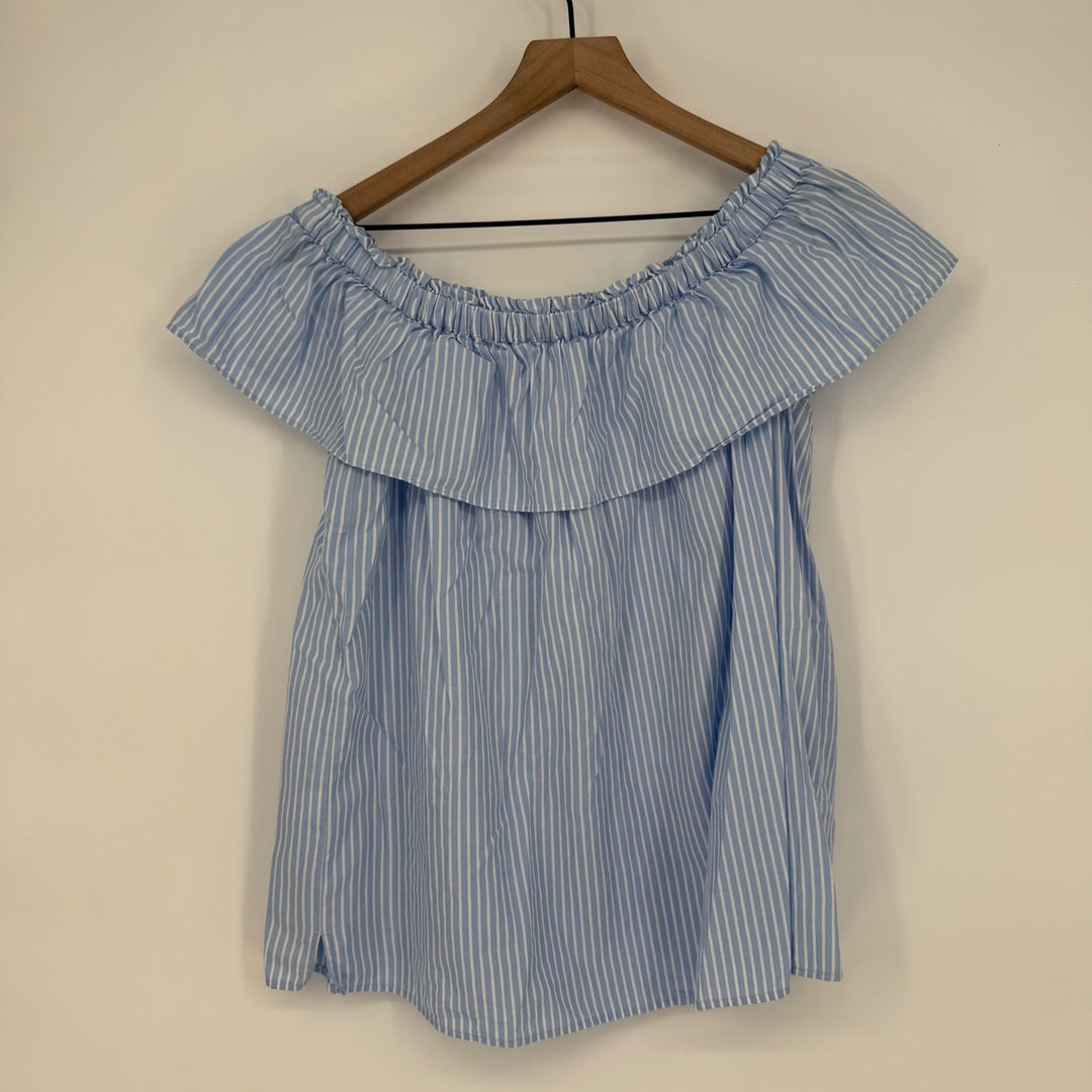 LOFT Blue White Striped Off The Shoulder Ruffle Top Size Large