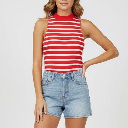 Abound Red White Stripe Mock Neck Sleeveless Bodysuit Top Size Medium