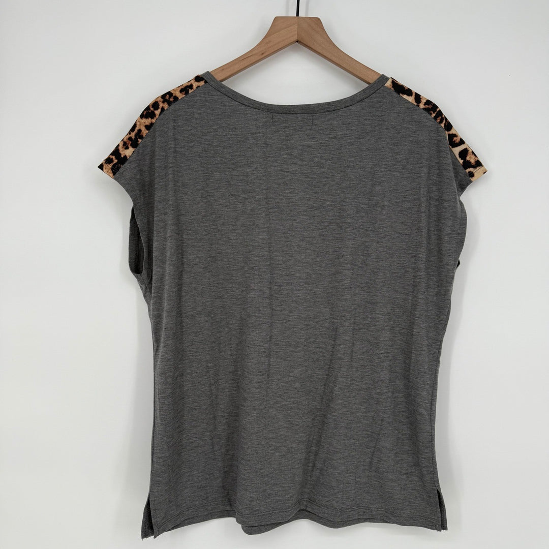 MIROL Women's Gray Leopard Pocket Cap Sleeve T-Shirt Top Size L