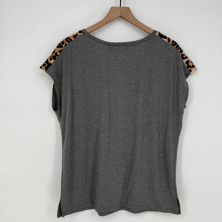 MIROL Women's Gray Leopard Pocket Cap Sleeve T-Shirt Top Size L