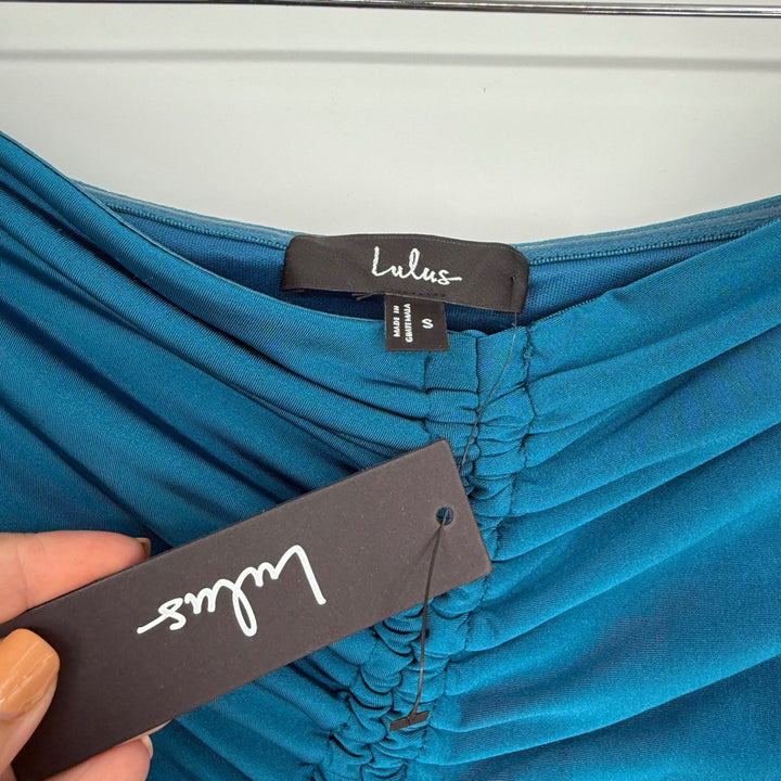 Lulus Eliska Teal Blue Slinky Drawstring Ruched Strapless Midi Dress Size S
