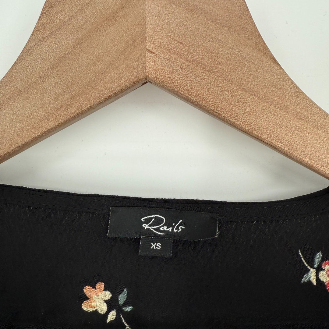 Rails Simone Wrap Blouse Womens XS Black Kyoto Floral Rayon Ruffle Surplice Neck