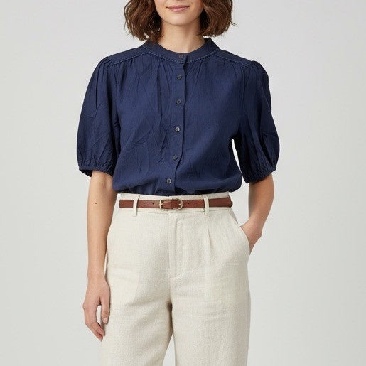 Pretty Garden Navy Blue Puff Sleeve Button Down Shirt Women's XL Casual