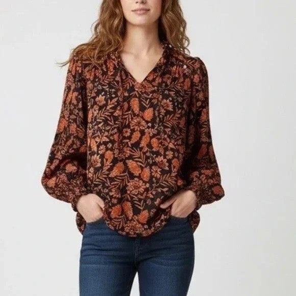 Elan Bloomingdales Black Autumn Print Ruffle Neck Long Sleeve Top XS