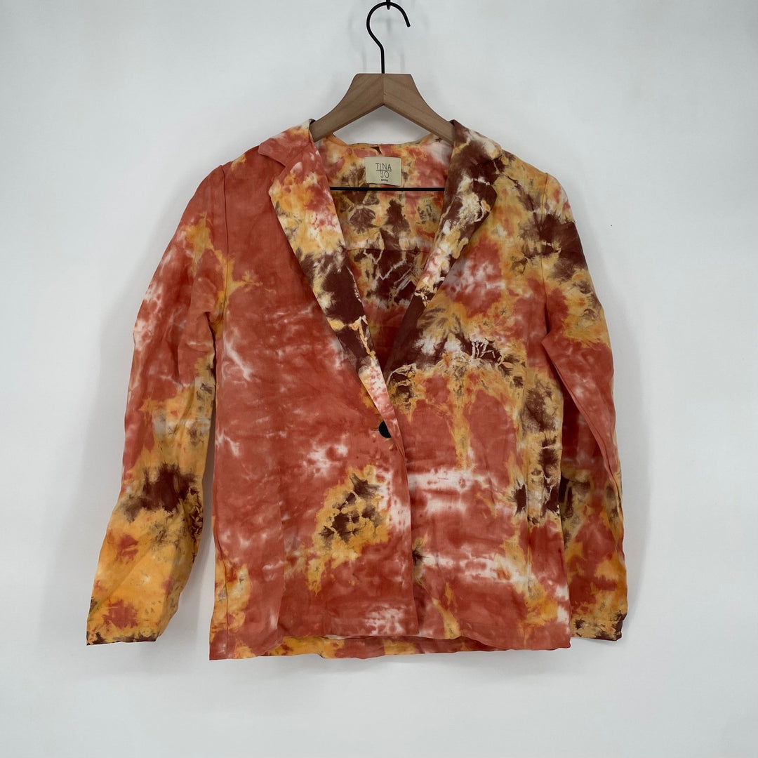TINA JO Tie Dye Linen Blend Blazer Jacket Orange Brown White Size S