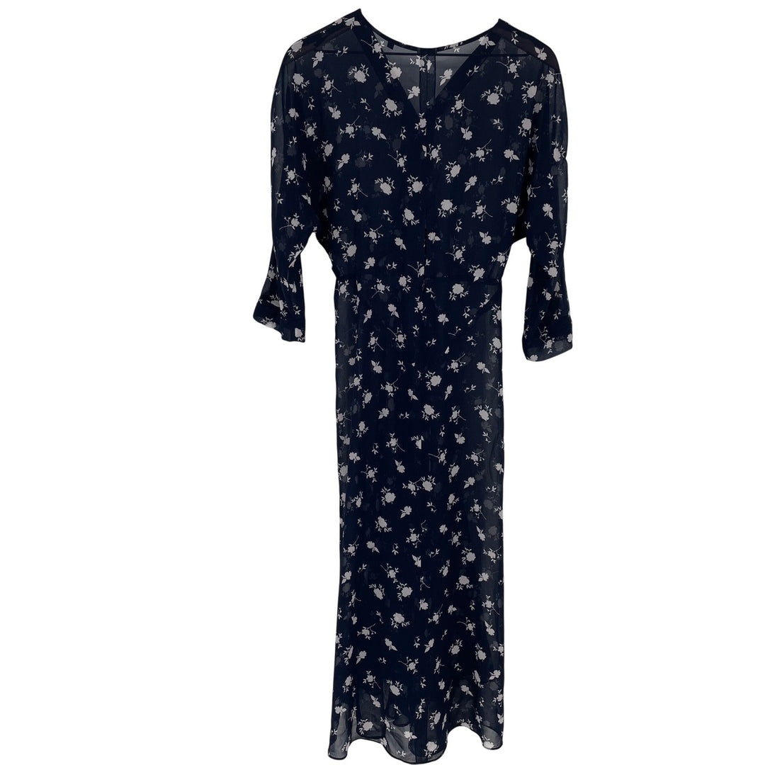 Cabi Navy Floral Print Midi Dress Size 6 V Neck Sheer Sleeve