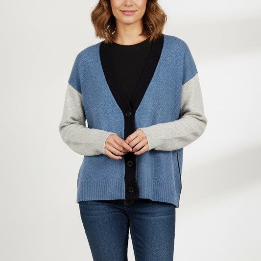 Talbots Color Block Cardigan Sweater Large Blue Gray Black Button Front Knit