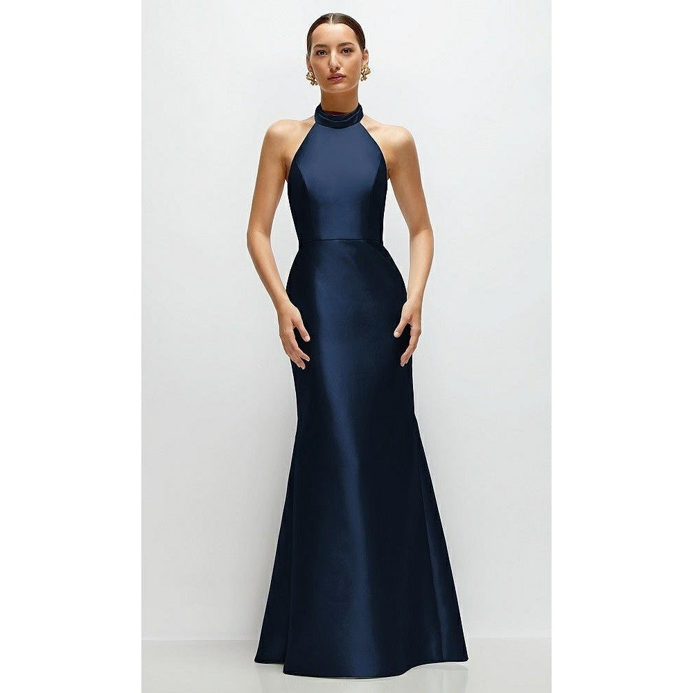 Alfred Sung High-Neck Halter Open-Back Satin Trumpet Dress In Midnight Navy