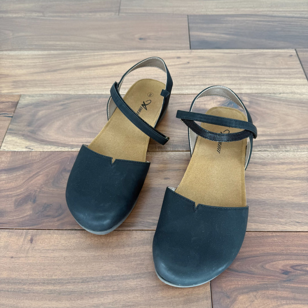 Athlefit Sandals Womens Size 9 Us Black Leather Slide Ankle Strap Closed Toe