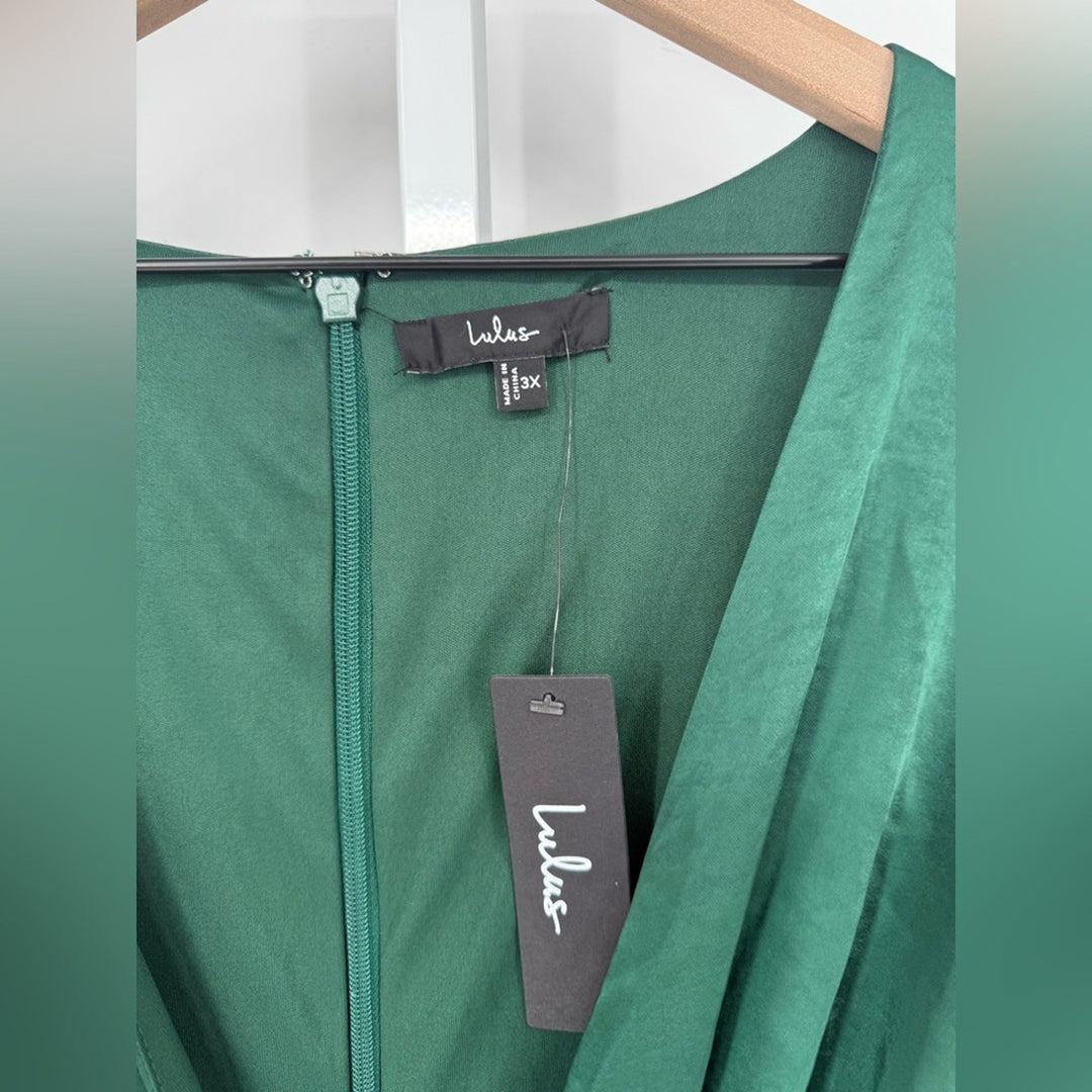 Lulus Endearing Elegance Emerald Green Satin Long Sleeve Maxi Dress Size 3X