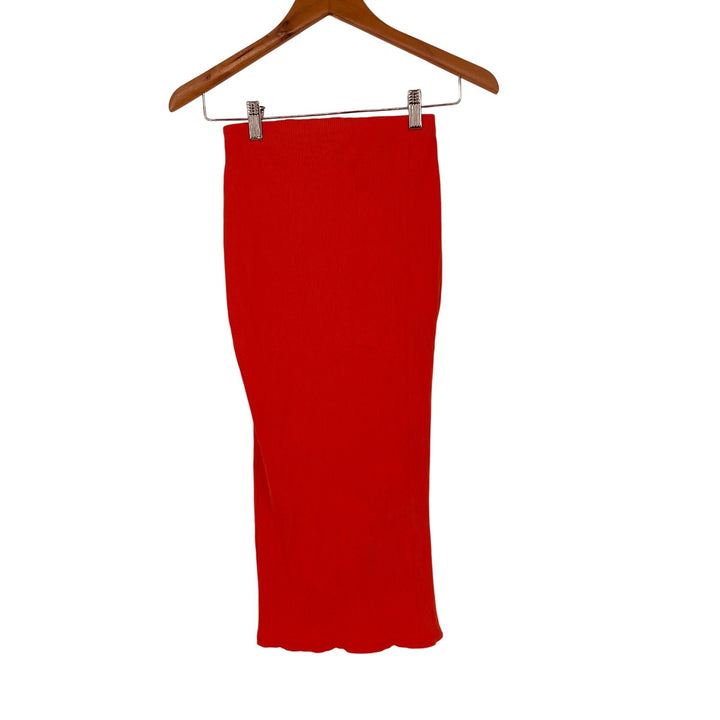 Lulus Ribbed Knit Midi Skirt with Side Slit Red Size Small