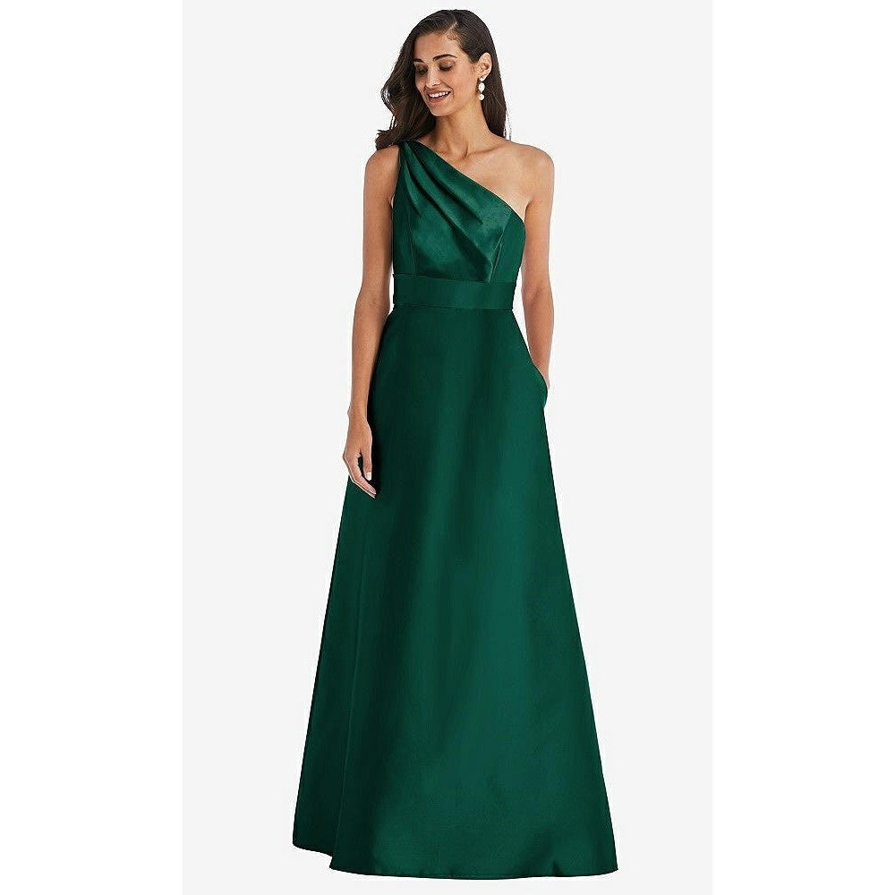 Alfred Sung Draped One-Shoulder Satin Maxi Dress With Pockets Size 6