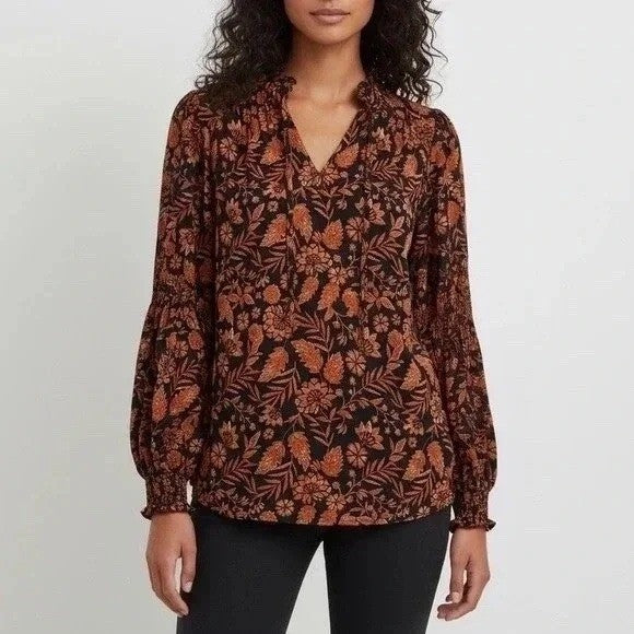Elan XS Blouse Black Autumn Floral Print Long Sleeve Ruffle Neck Womens Top