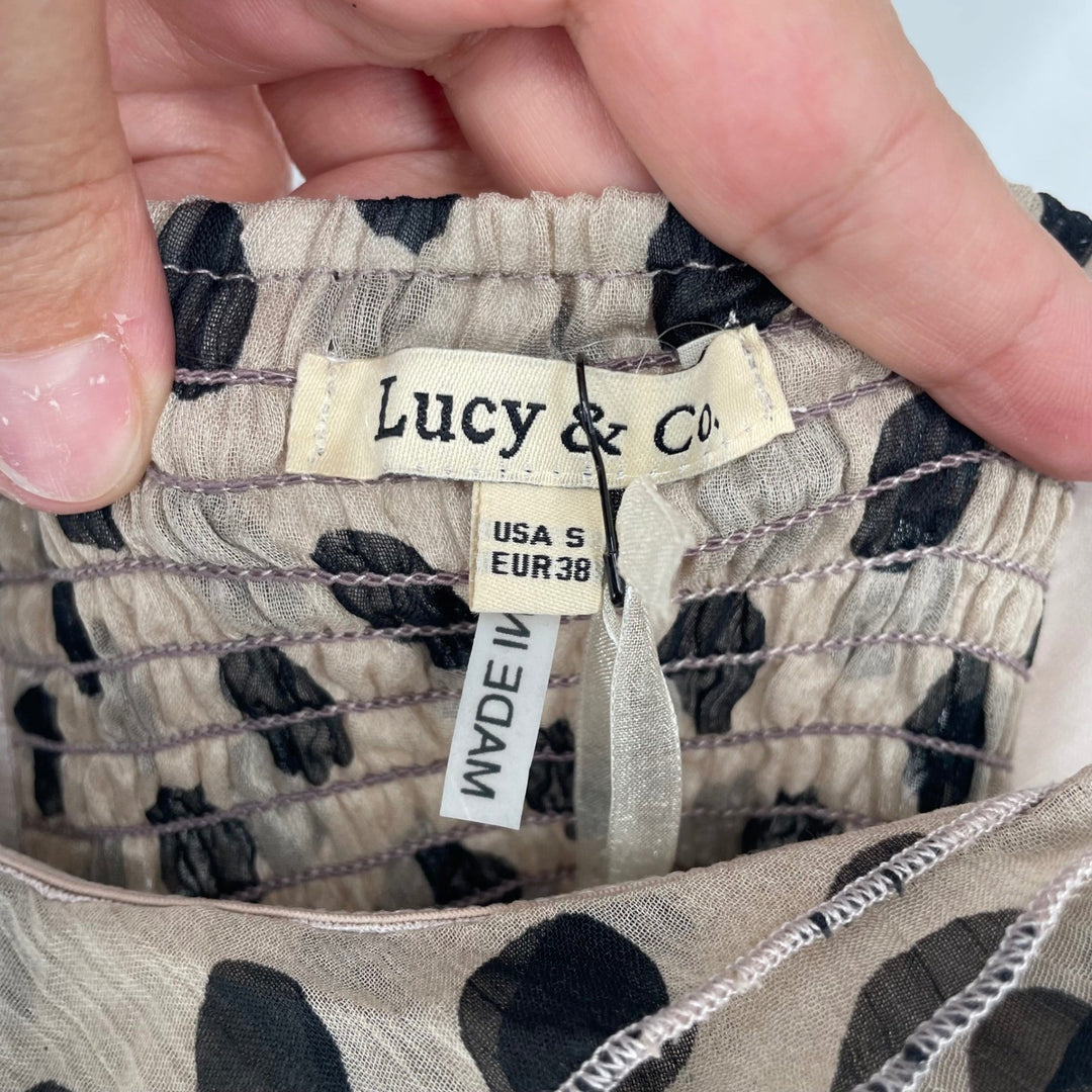 Lucy & Co Polka Dot Ruffle Dress Tan Black Spaghetti Strap Mini