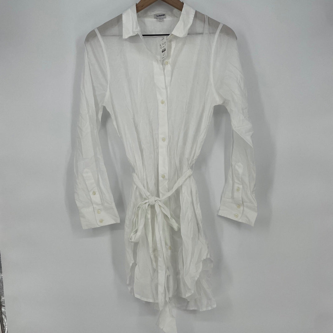 J. Crew White Button Down Shirt Dress Tie Waist Sheer Linen Blend Size S