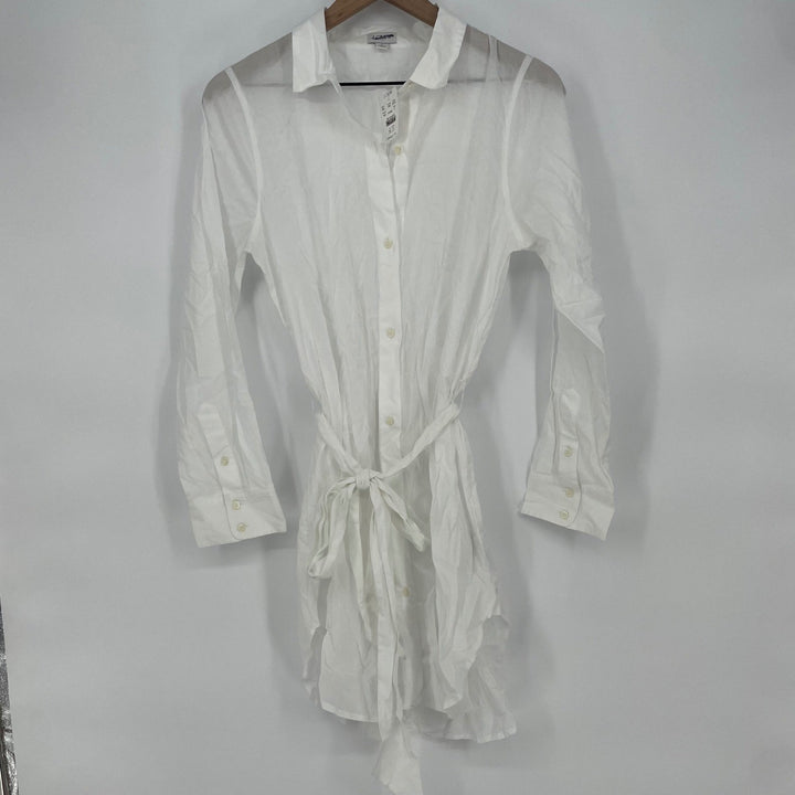 J. Crew White Button Down Shirt Dress Tie Waist Sheer Linen Blend Size S
